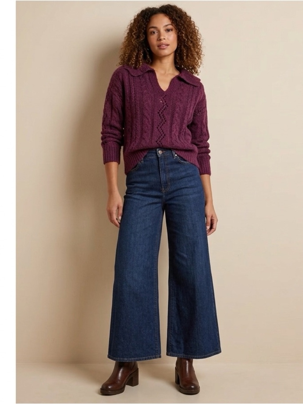 Women’s Textured Cable-Knit Pointelle Polo V-Neck Wool Blend Sweater in Plum NWT